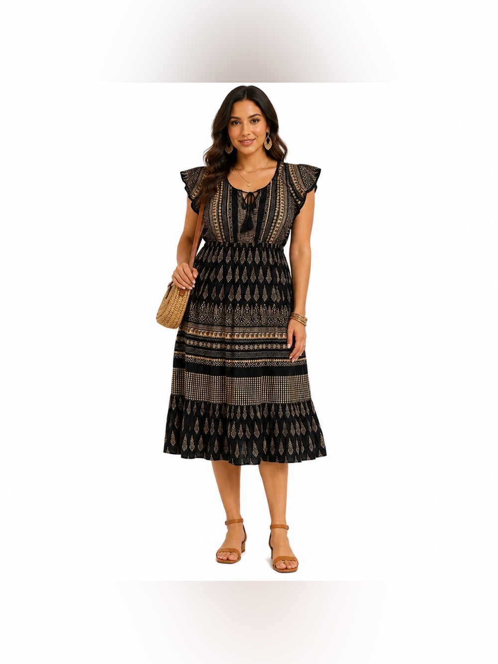 Lapogee Boho Peasant Black Tan Flutter Sleeve Midi Dress Size L